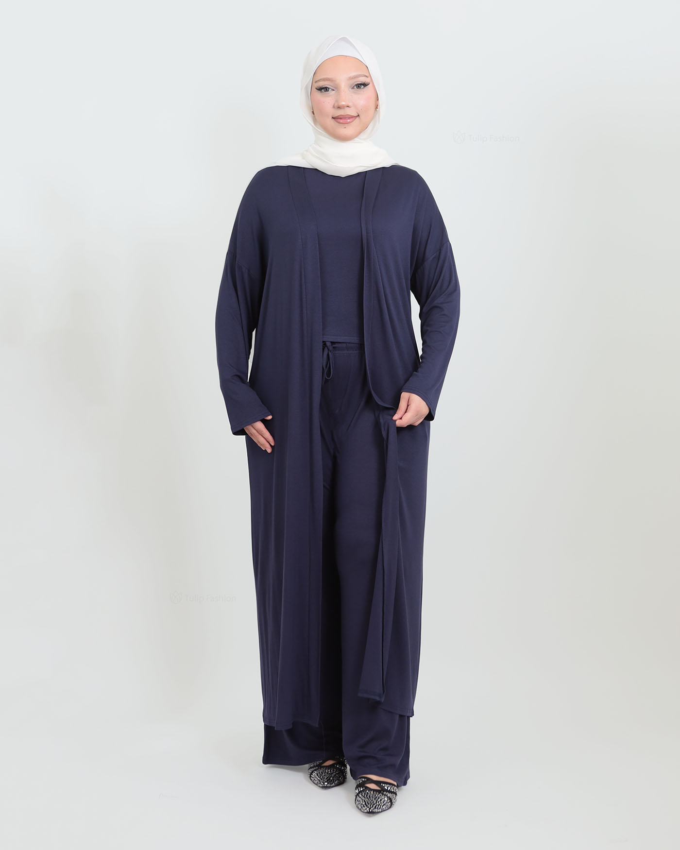 3-piece set with open abaya, top and trousers - Midnight Blue - 2