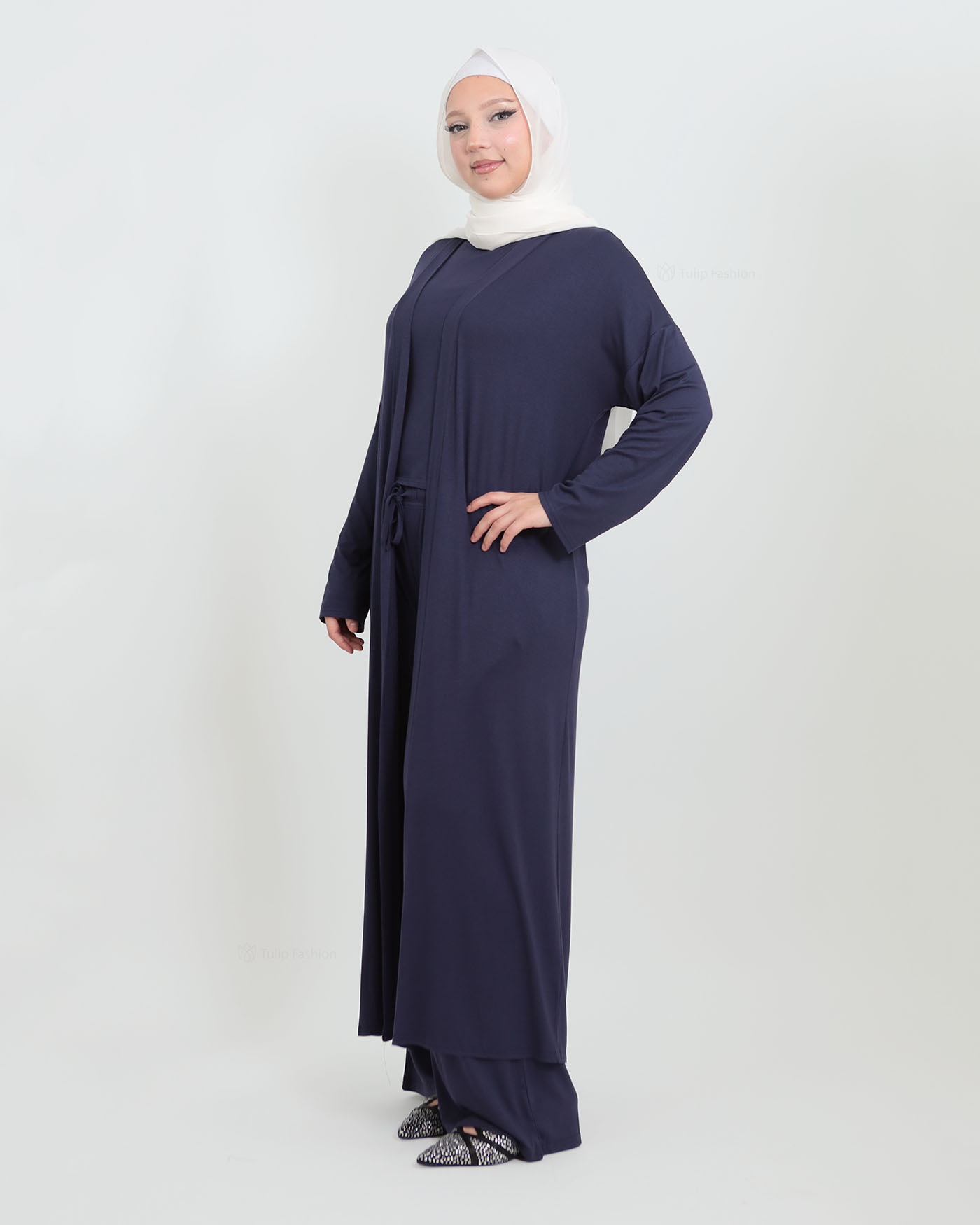 3-piece set with open abaya, top and trousers - Midnight Blue - 5