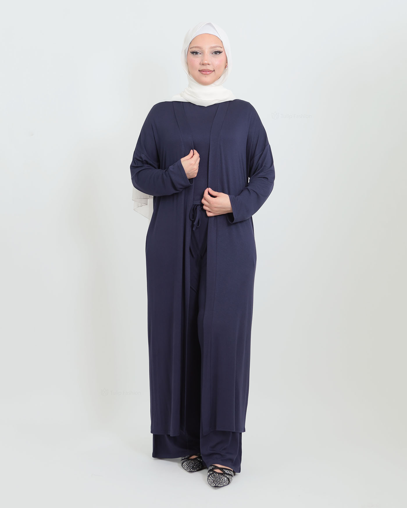 3-piece set with open abaya, top and trousers - Midnight Blue - 3