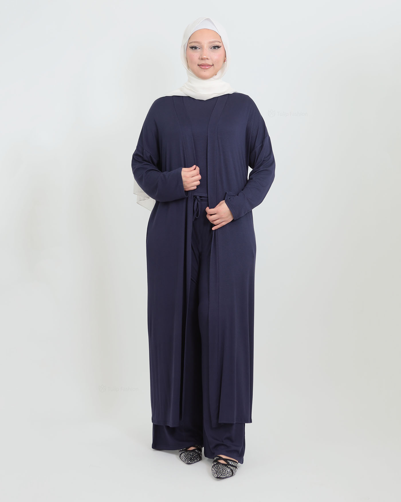 3-piece set with open abaya, top and trousers - Midnight Blue