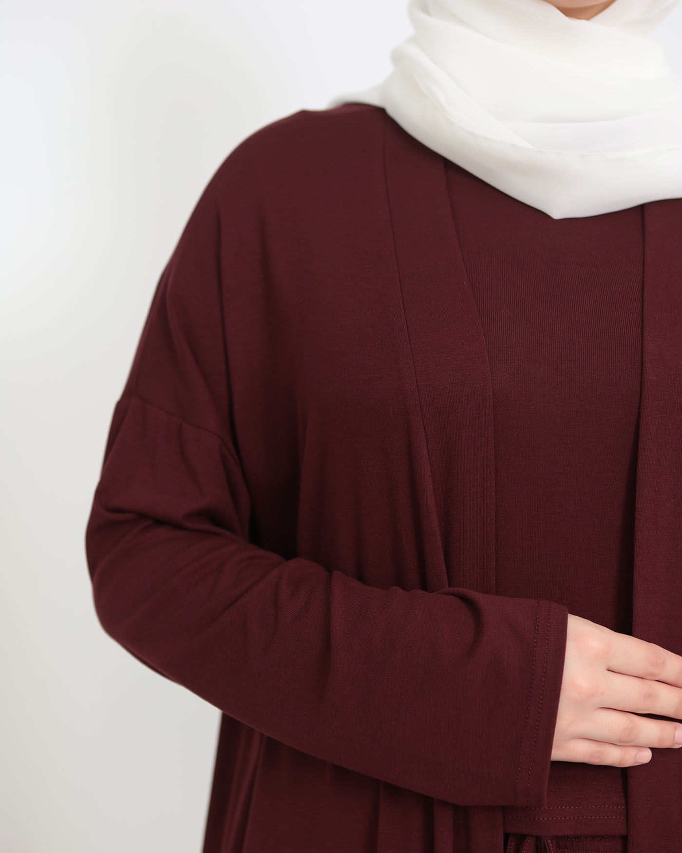 3-piece set with long open abaya, top and wide trousers - Maroon - 6