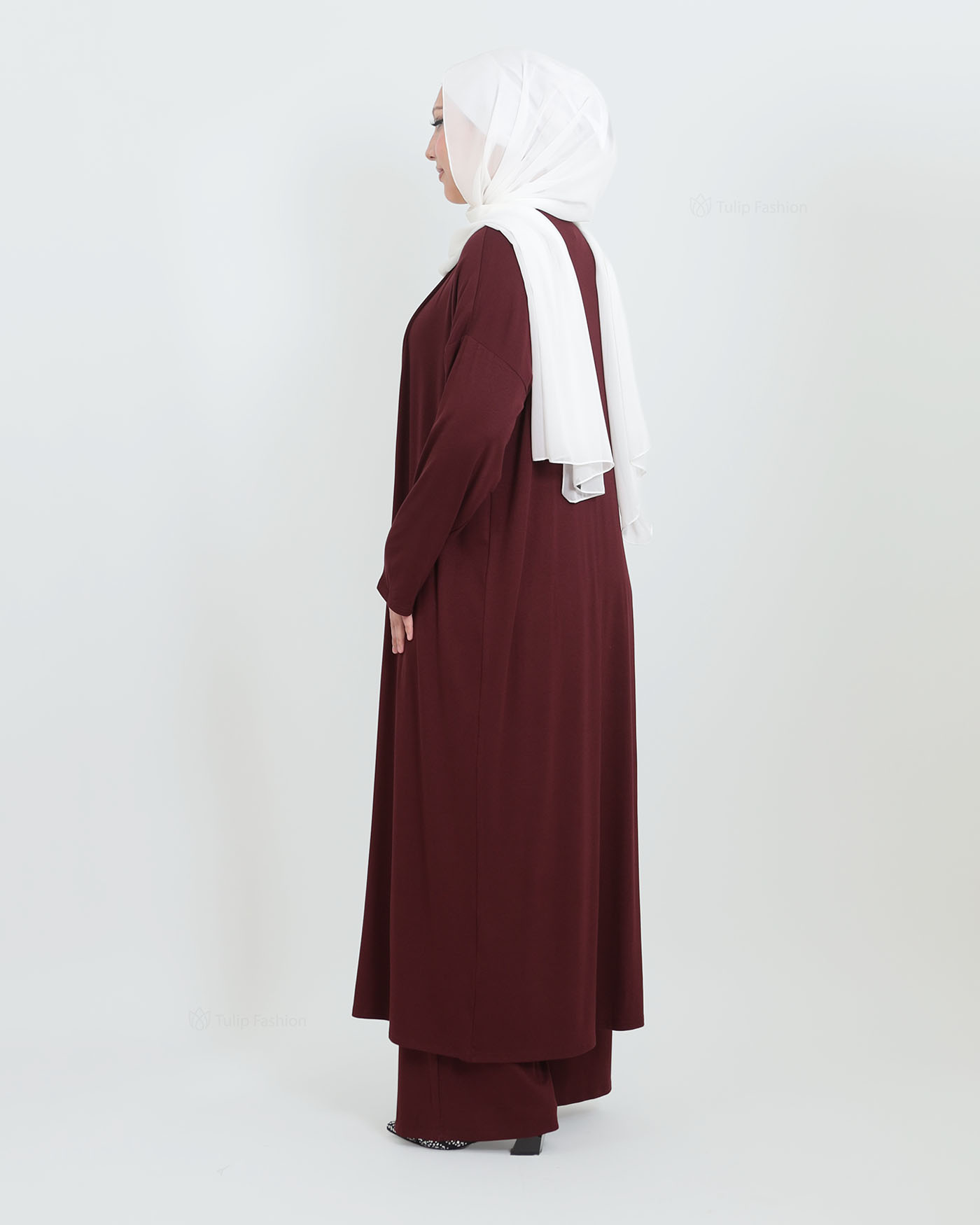 3-piece set with long open abaya, top and wide trousers - Maroon - 3