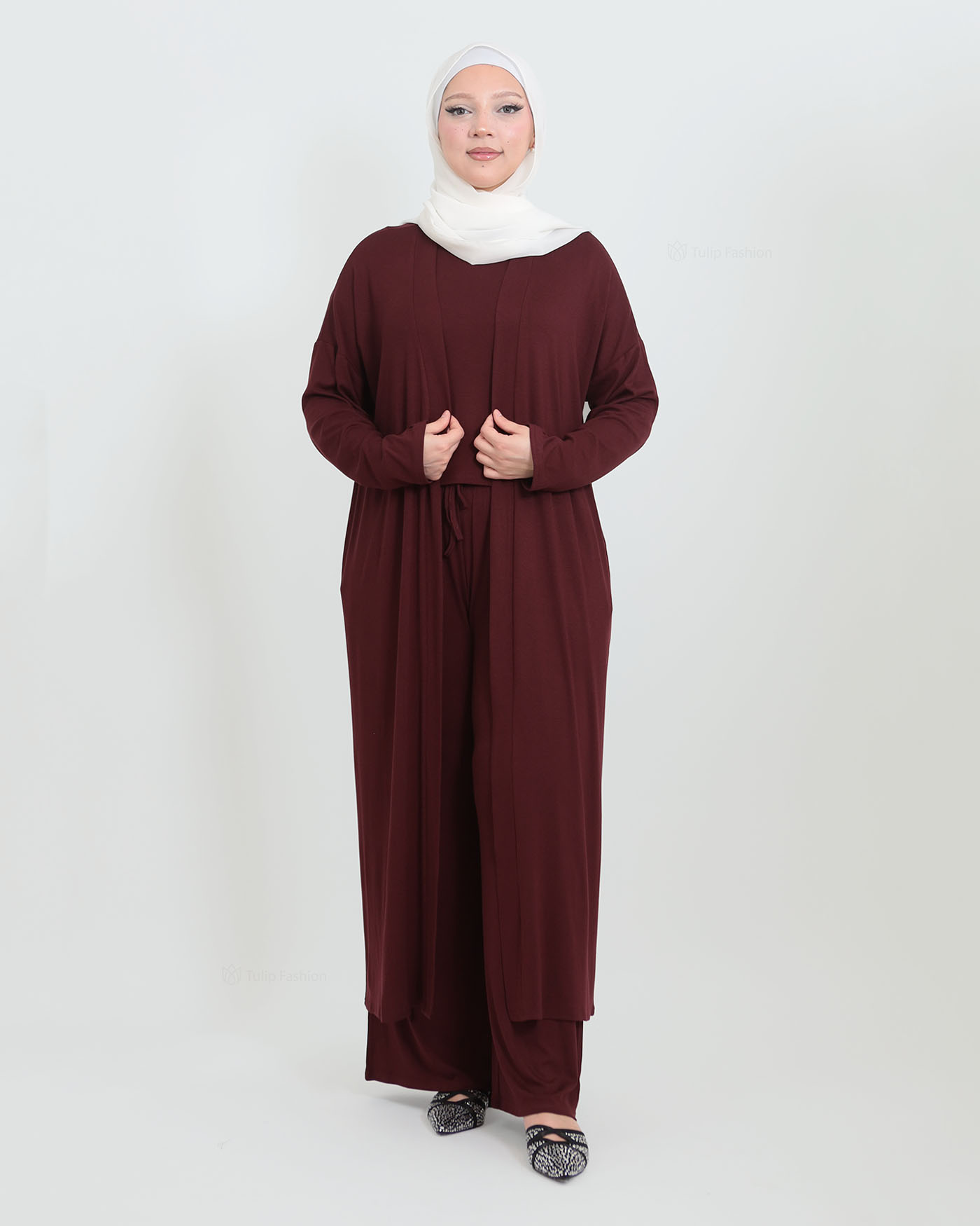 3-piece set with long open abaya, top and wide trousers - Maroon - 5
