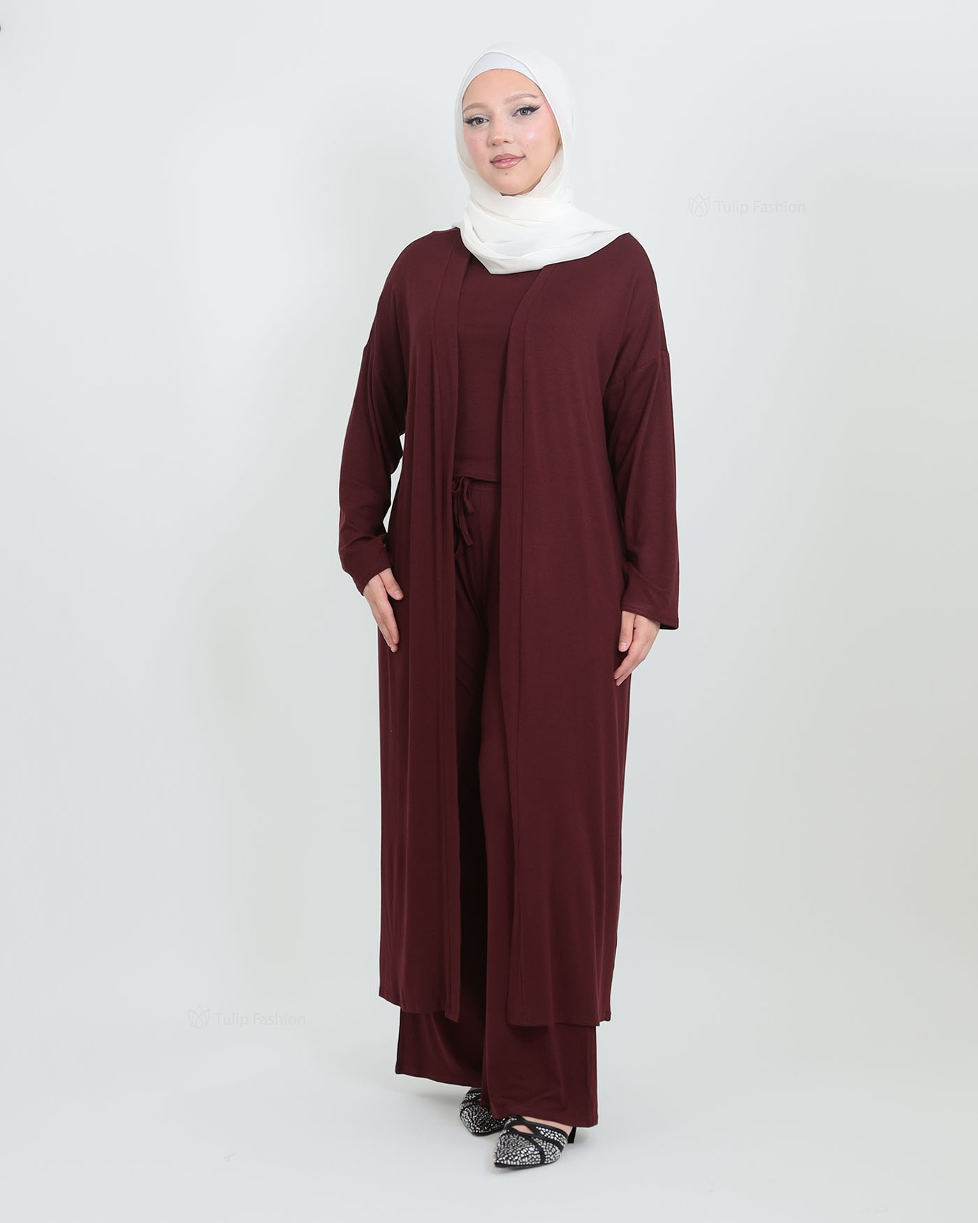 3-piece set with long open abaya, top and wide trousers - Maroon - 8