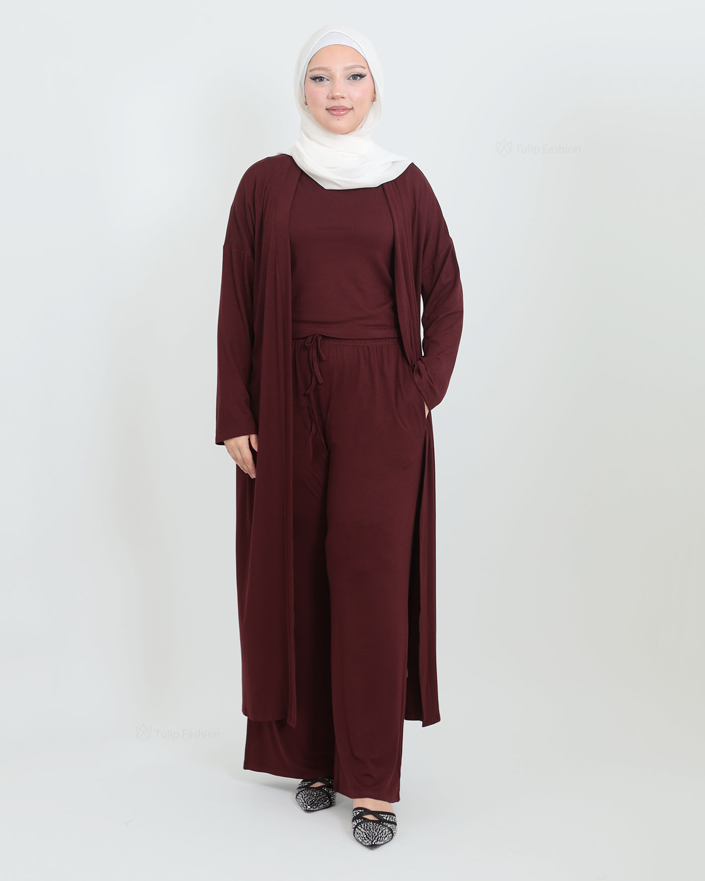 3-piece set with long open abaya, top and wide trousers - Maroon - 7
