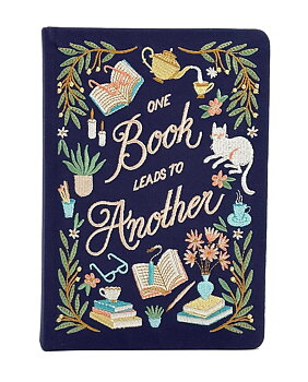 One Book Leads to Another : Book Lover's Embroidered Journal  - Skrivbok i klotband med broderad framsida, läsband och linjerade sidor A5