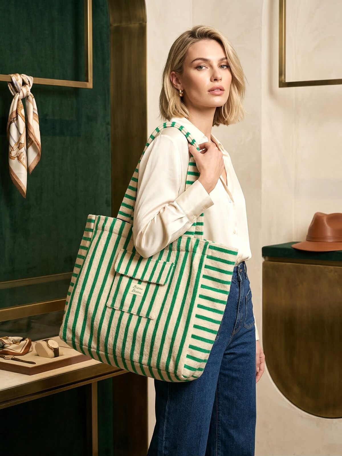 Beach bag green/white - 2