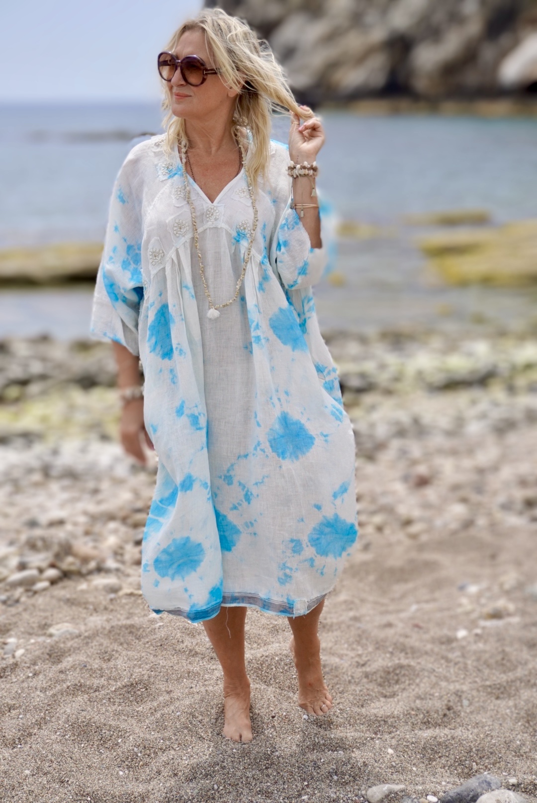 LISSA LINEN DRESS POPPY TURQ MALIBU - Agencies Turquoise