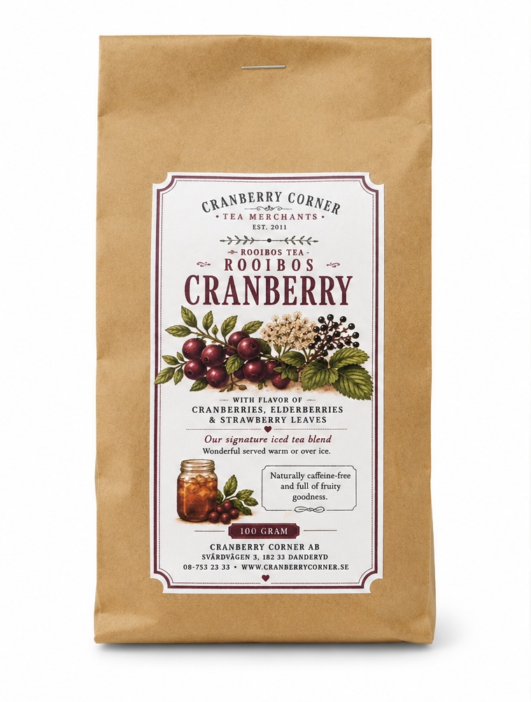 Rooiboste Cranberry med tranbär, fläderbär & jordgubbsblad – löste i påse 100g - 2