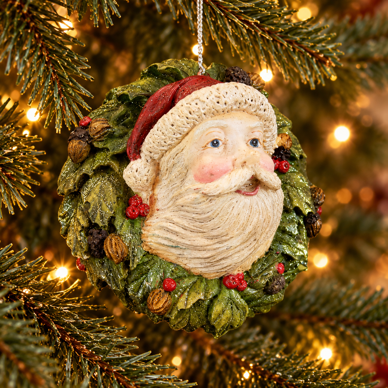 Julkula SANTA HEAD ON WREATH – tomte med krans & hänge 11cm