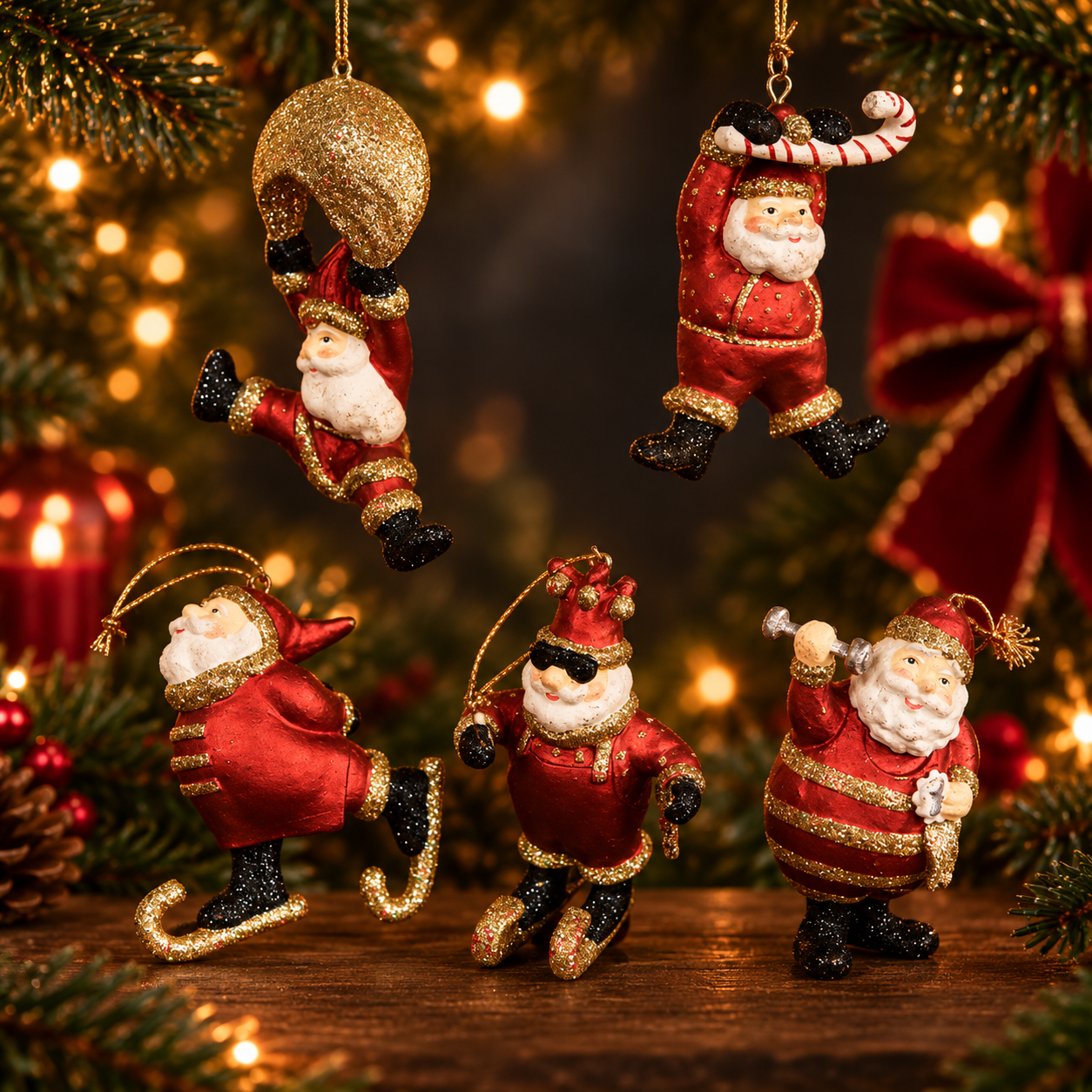 Julkula FUN SANTA – Tomte "in action" med glitter & hänge 10cm pris/st