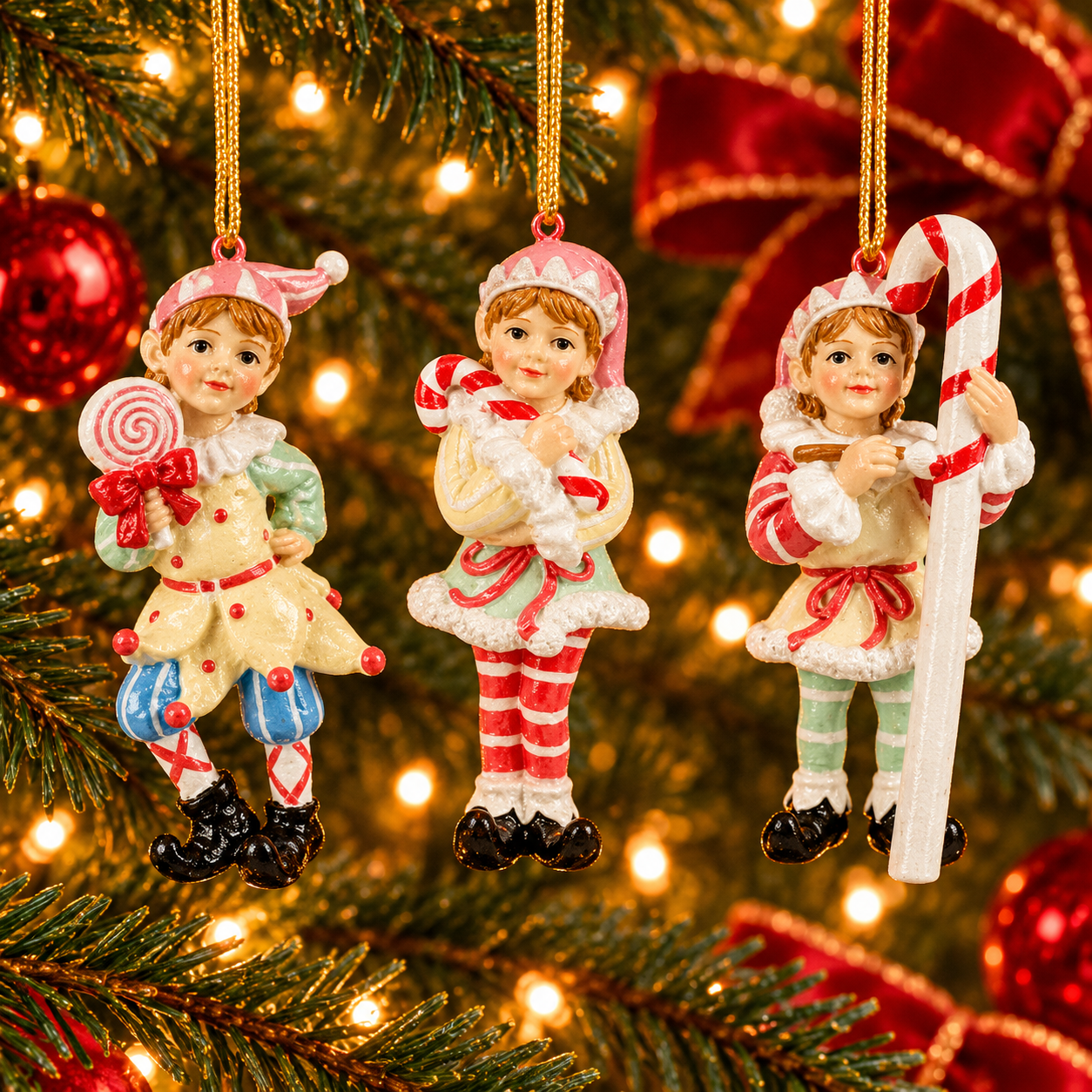 Julkula ELF HOLDING CANDY – Pastellklädd Nisse med godis 3 olika Pris/st