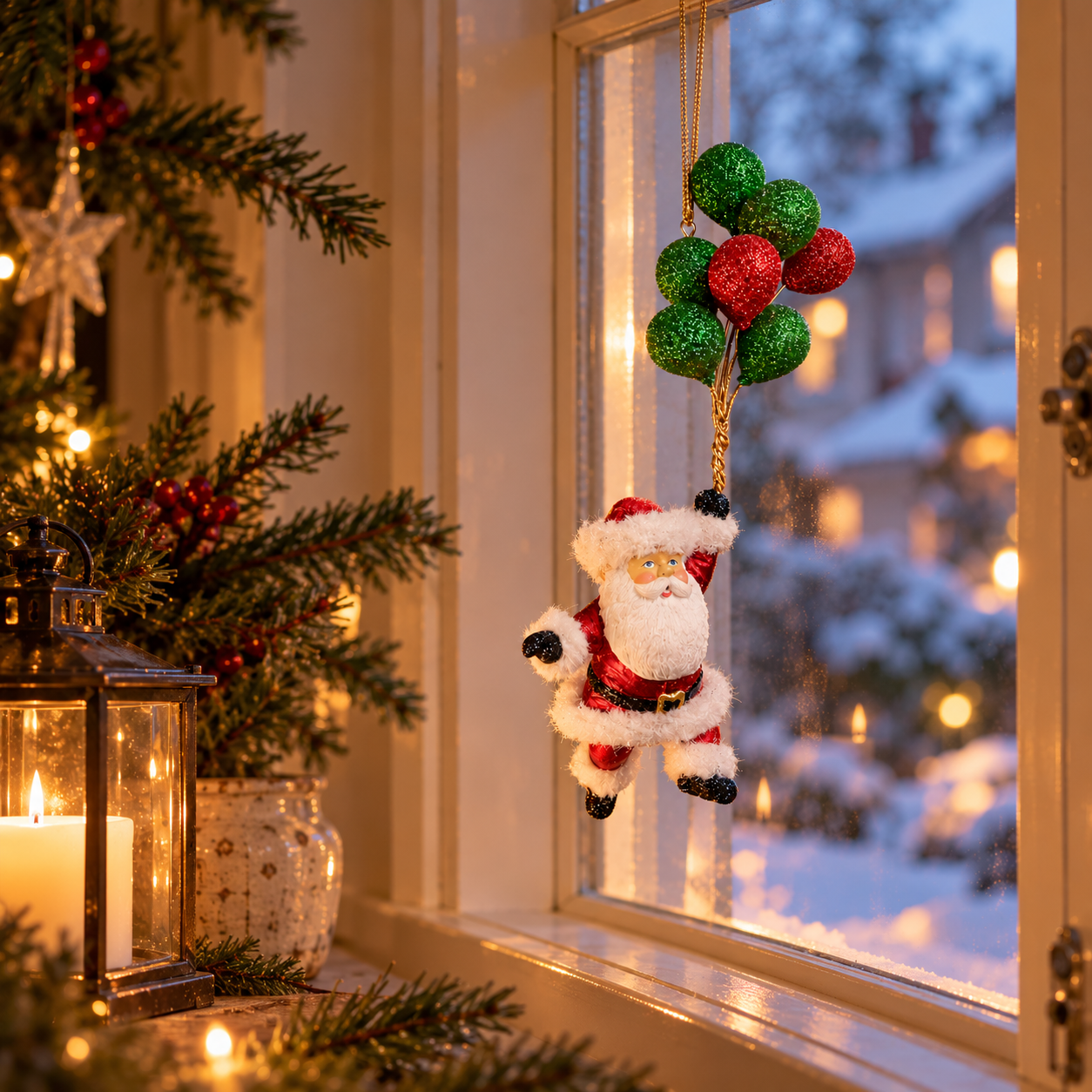 Julkula SANTA IN RED & FUR WITH BALLOONS 10x4x24cm
