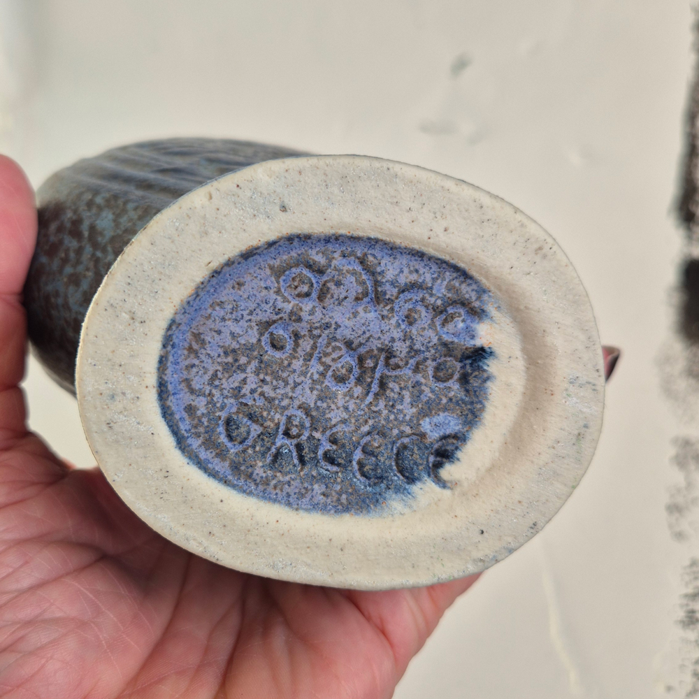 vintage VAS i blåturkost med reliefmönster, Greece, h 15,3 cm - 5