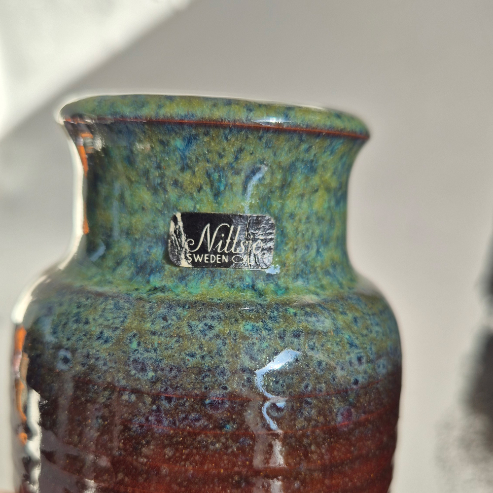 vintage VAS, terracotta med brun-grön glasyr från Nittsjö Sweden, h 14,7 cm - 5