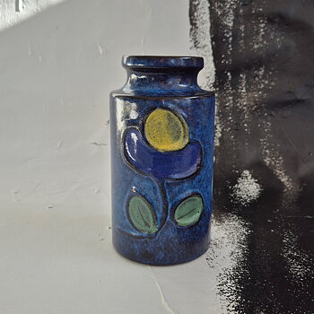 vintage VAS, blå med gula blommor i fat lava glasyr, Scheurich W. Germany, h 18,4 cm