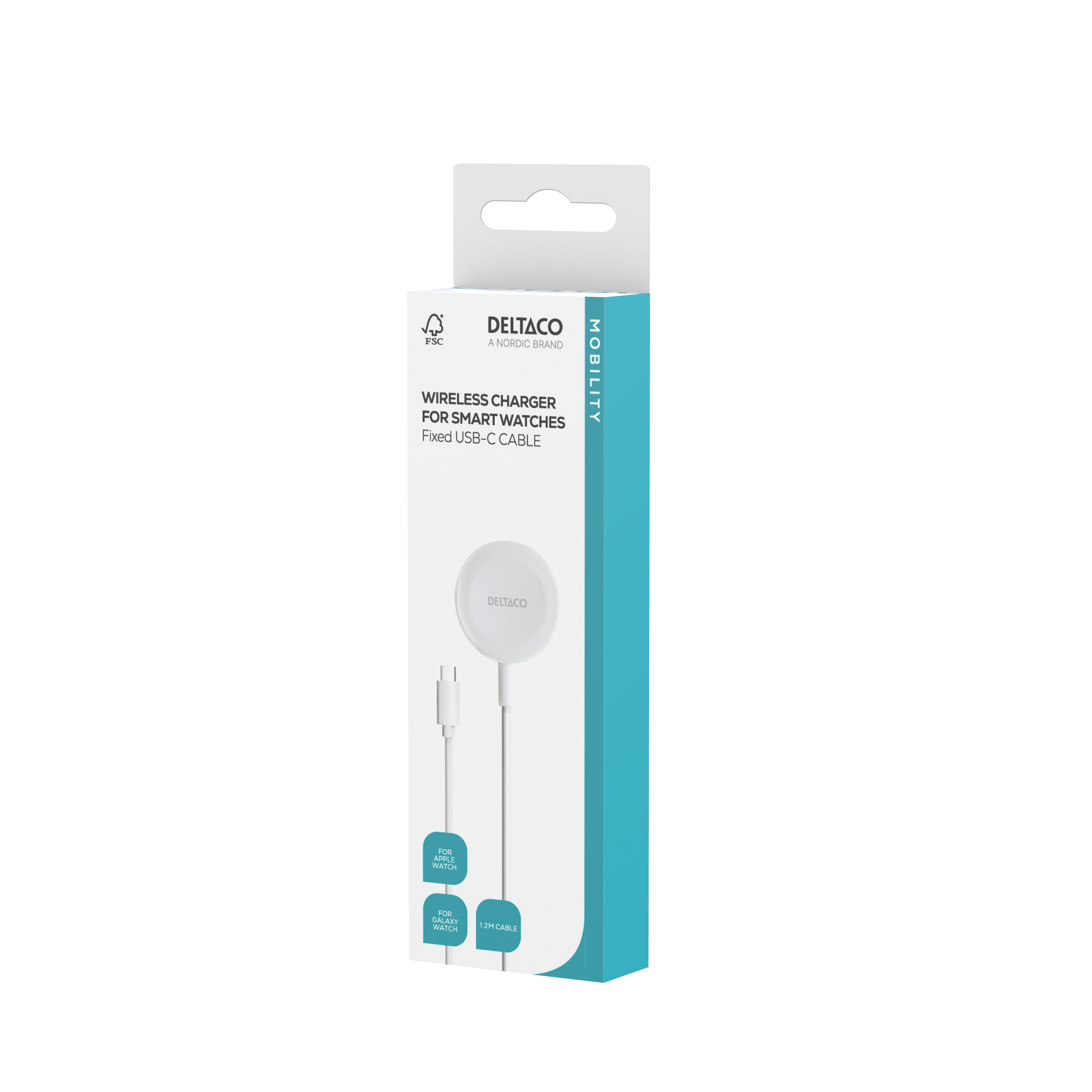Deltaco, Apple Watch/Galaxy Watch trådlös laddare, 1 m fast USB-C-kabel, vit - 9