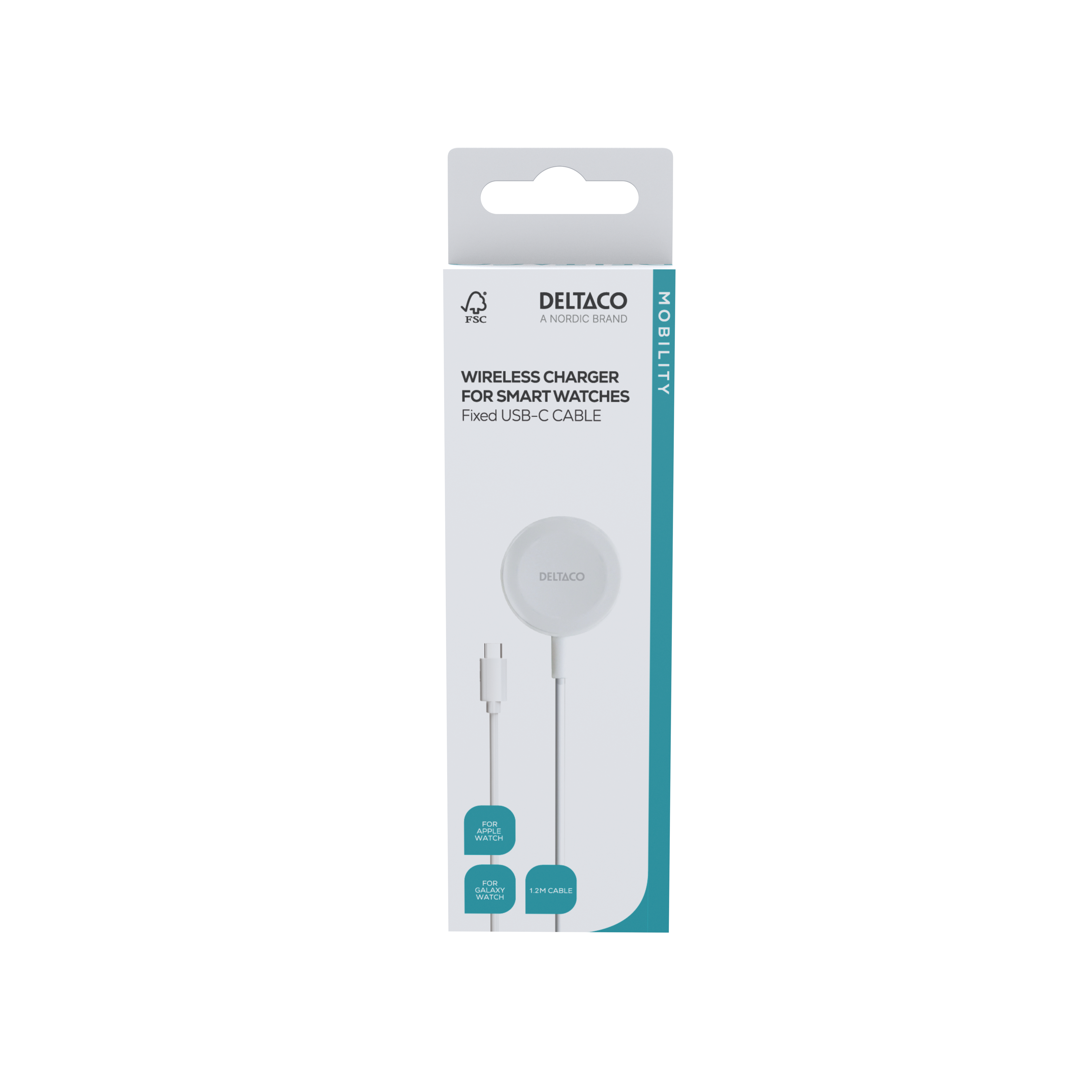 Deltaco, Apple Watch/Galaxy Watch trådlös laddare, 1 m fast USB-C-kabel, vit - 10