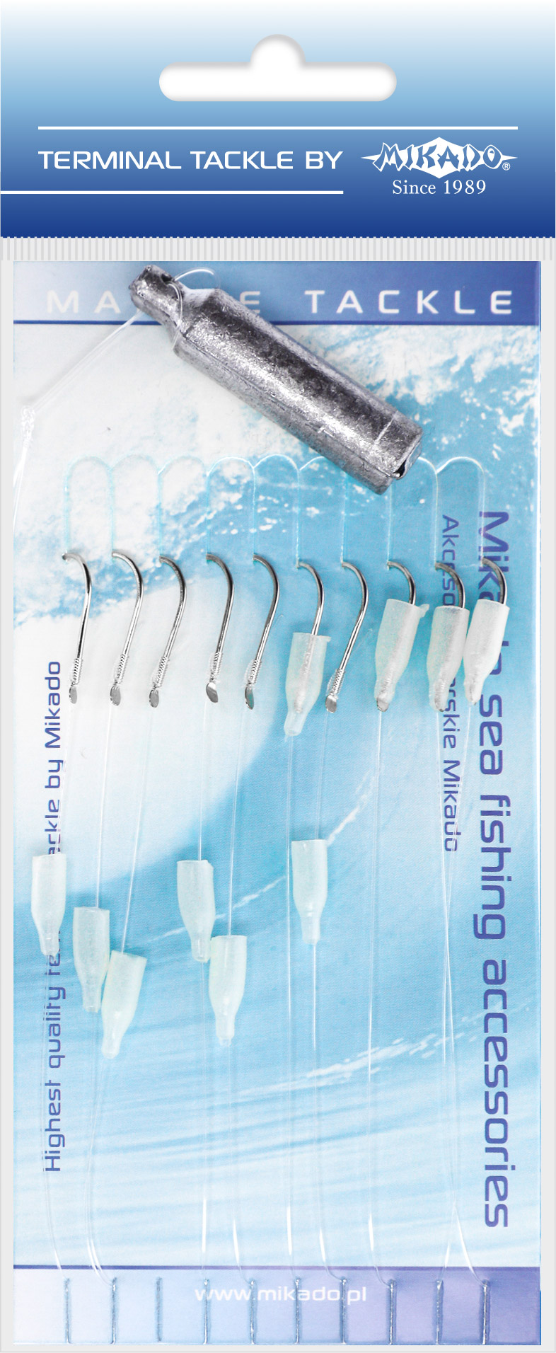 Complete herring hook from Mikado equipped with 10 light disguised single hooks. A 30g sinker is also mounted on the tackle.
