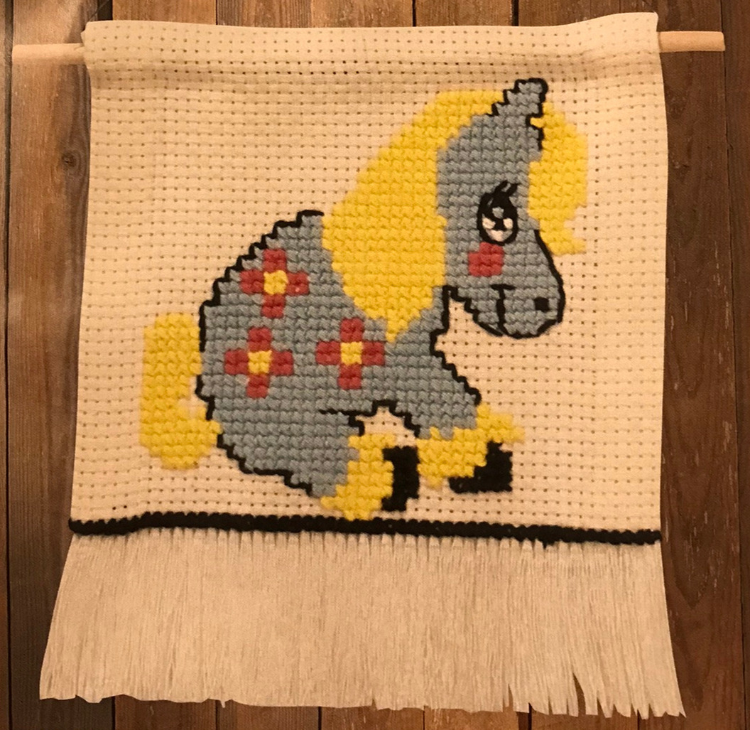 Barn Korsstygn Blå Pony