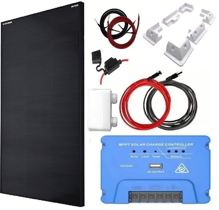 Solpanelspaket med 150W solpanel med ram och 15A MPPT regulator, 12/24V, husbil - husvagn - båt