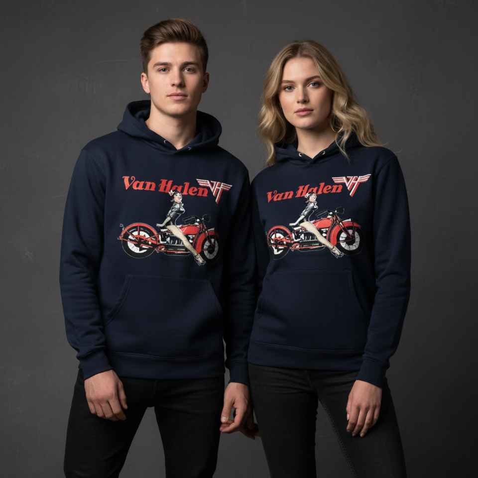 Van Halen Unisex Premium Hoodie: Pinup Motorcycle (Marineblå) (Tryk På Ryggen)