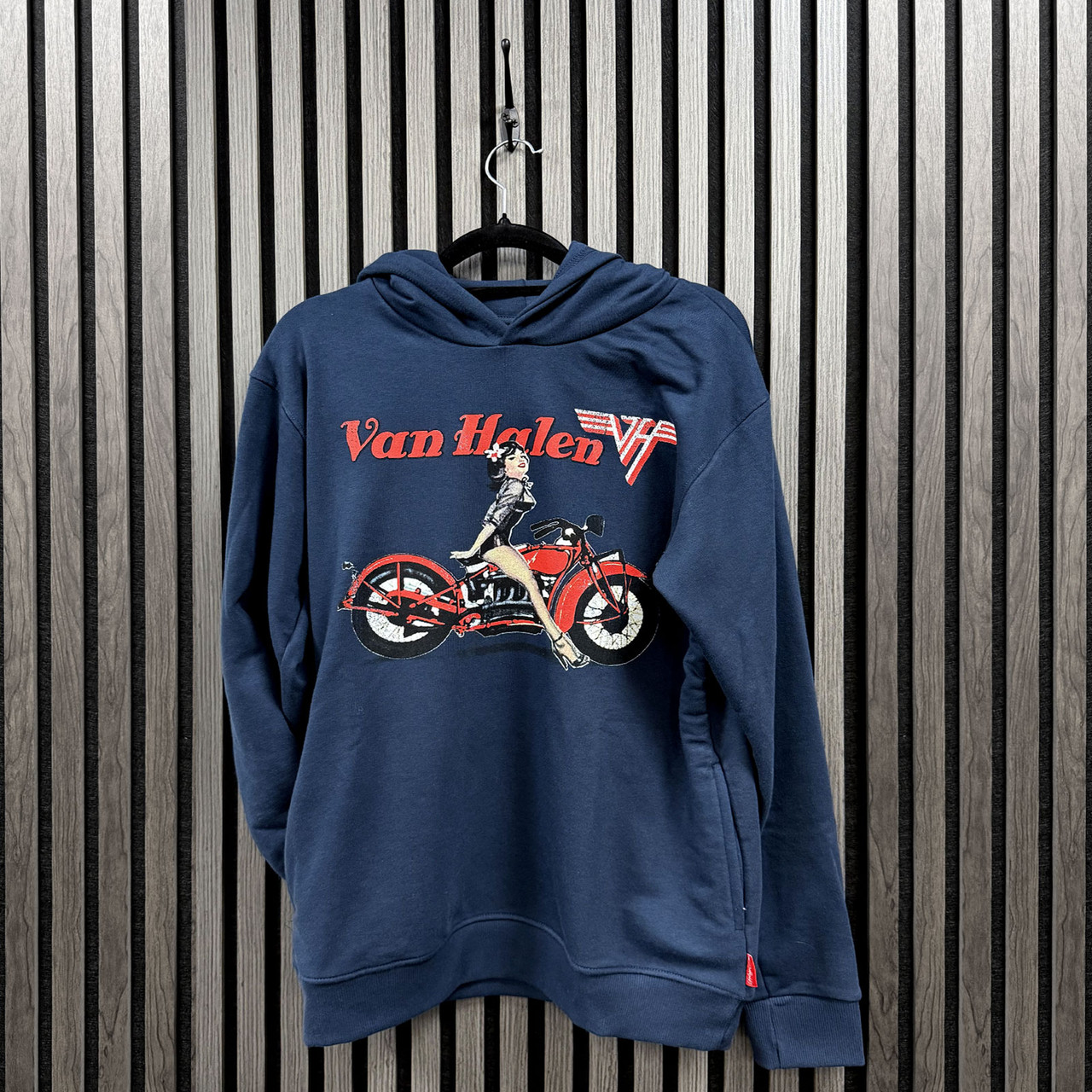 Van Halen Unisex Premium Hoodie: Pinup Motorcycle (Marineblå) (Tryk På Ryggen) - 2