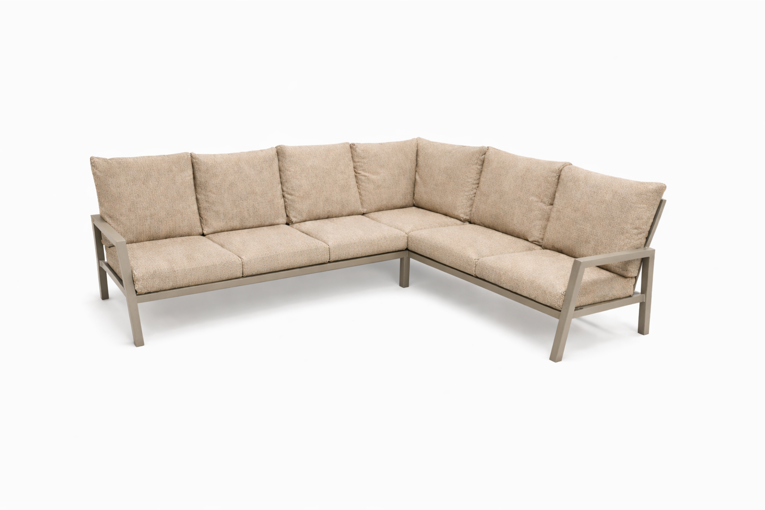 Larv hörnsoffa khaki med beige dynor och aluminiumstomme, frilagd produktbild utan bord.