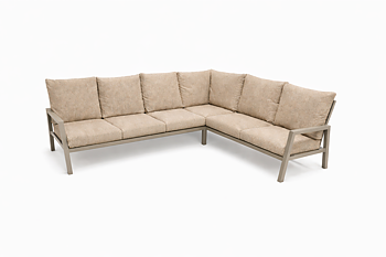 Larv hörnsoffa khaki med beige dynor och aluminiumstomme, frilagd produktbild utan bord.