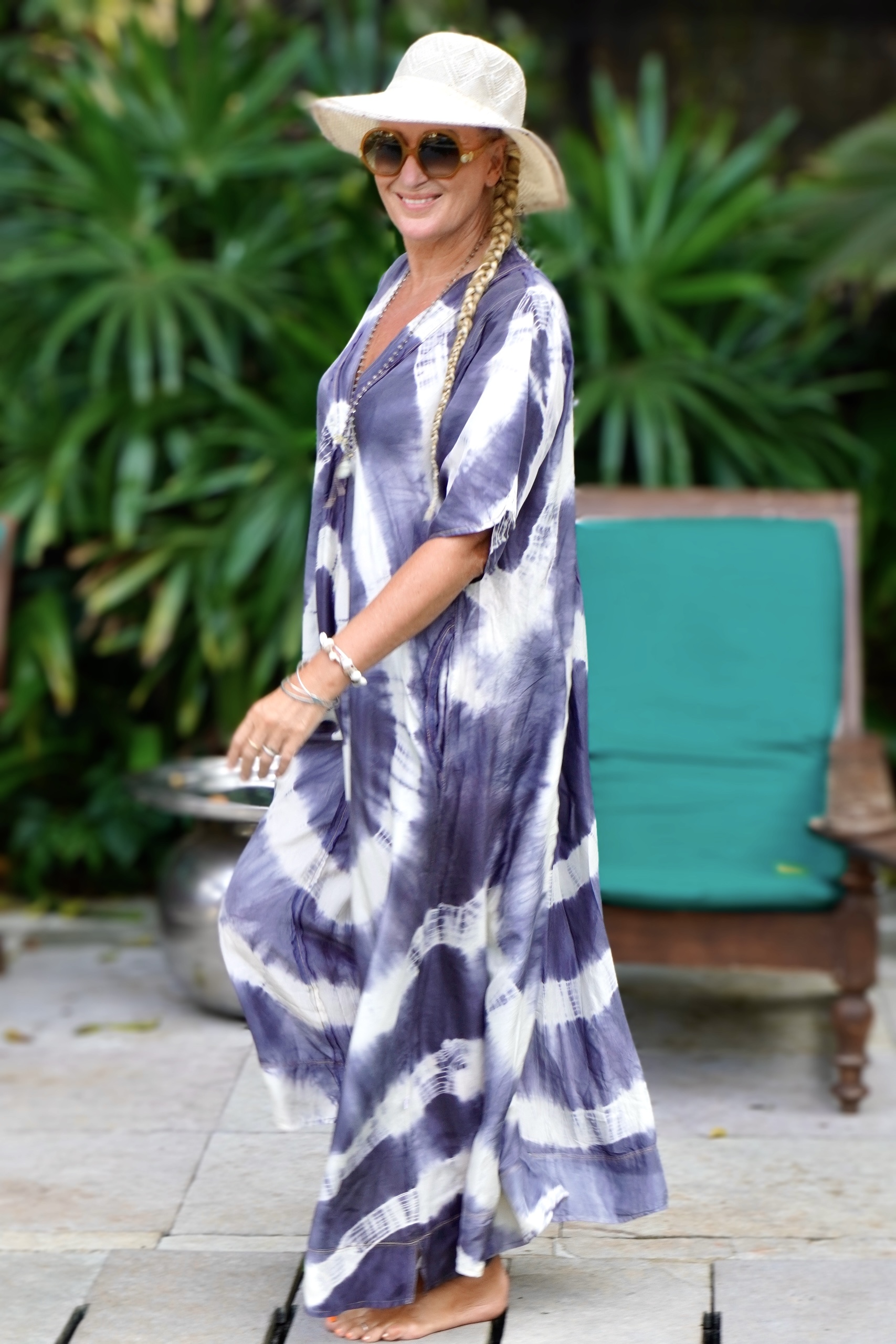 chinese dress ladies Buy V-Neck Blue Batik Cotton Long Kaftan Dress with White Tassel Trim main image 0