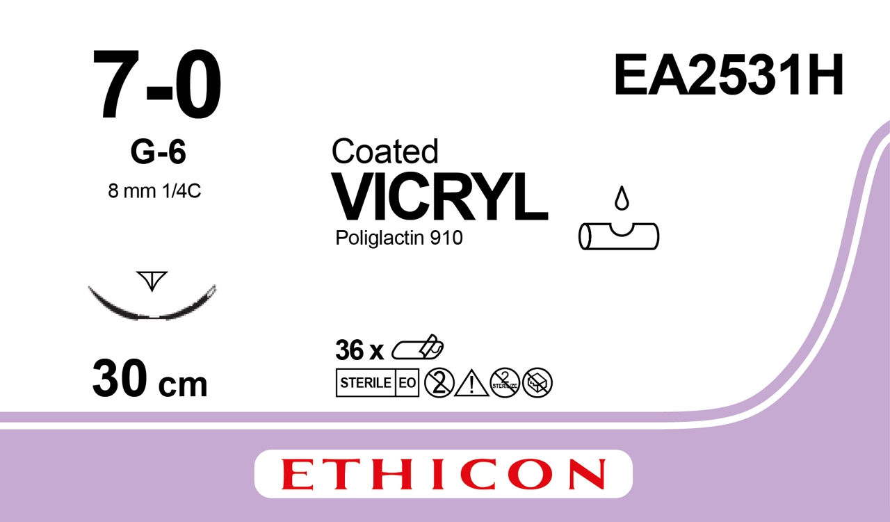 Vicryl suture 7-0, EA2531H, G-6 needle 30cm undyed