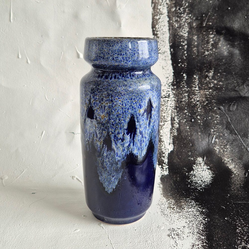 vintage VAS, blå med spräcklig rinnande glasyr, h 22,5 cm