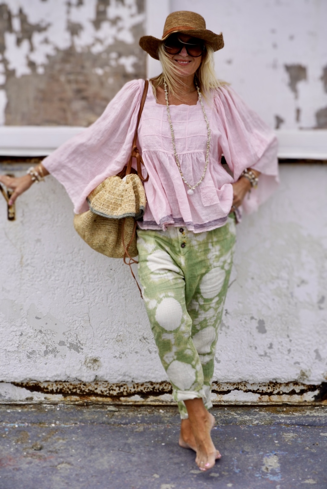 FEY  LINEN BATIK PANT POPPY LISA GREEN  - 3