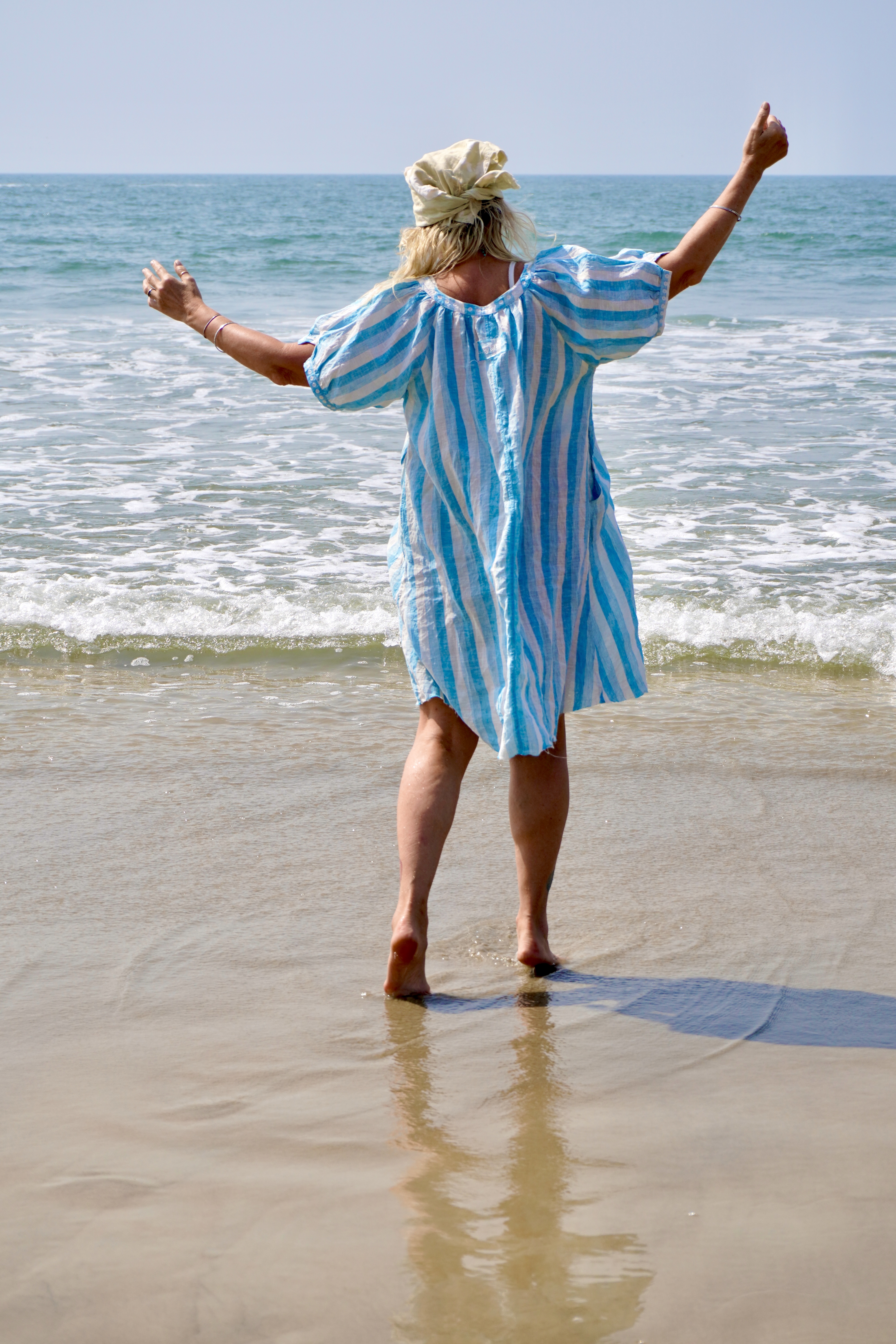 BARBARA LINEN DRESS COCO STRIPE - Agencies Turquoise BARBARA LINEN DRESS COCO STRIPE - Agencies Turquoise