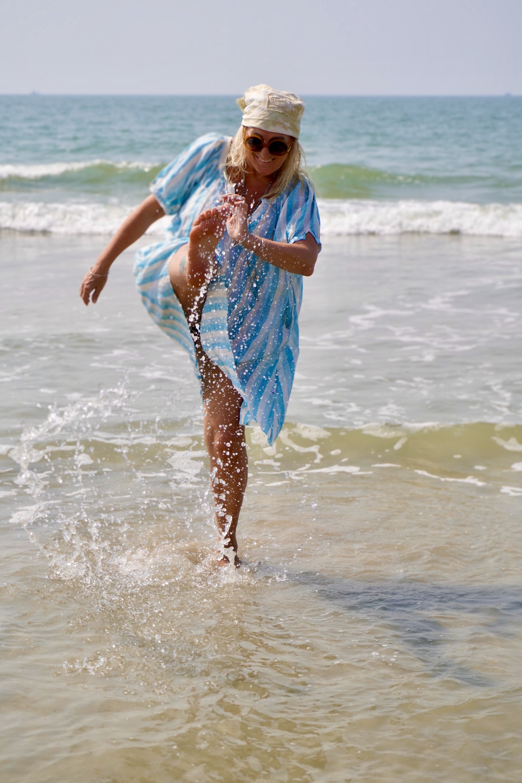 BARBARA LINEN DRESS COCO STRIPE - Agencies Turquoise