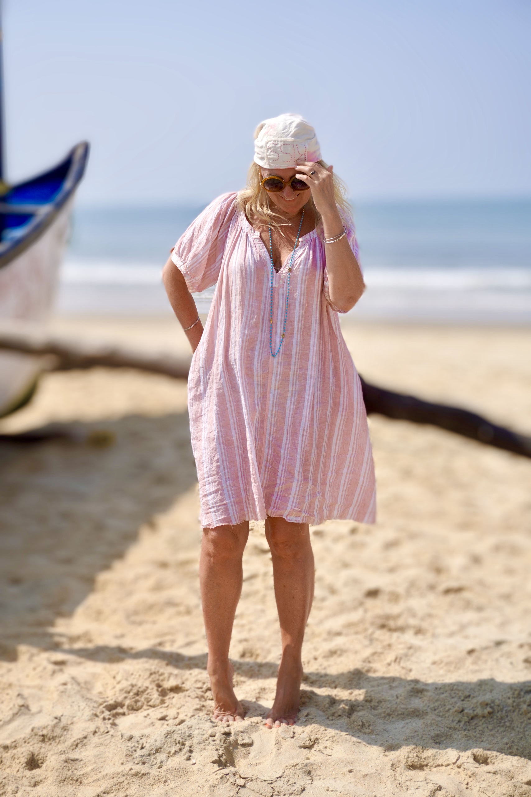 BARBARA LINEN DRESS PINK  STRIPE  - 8