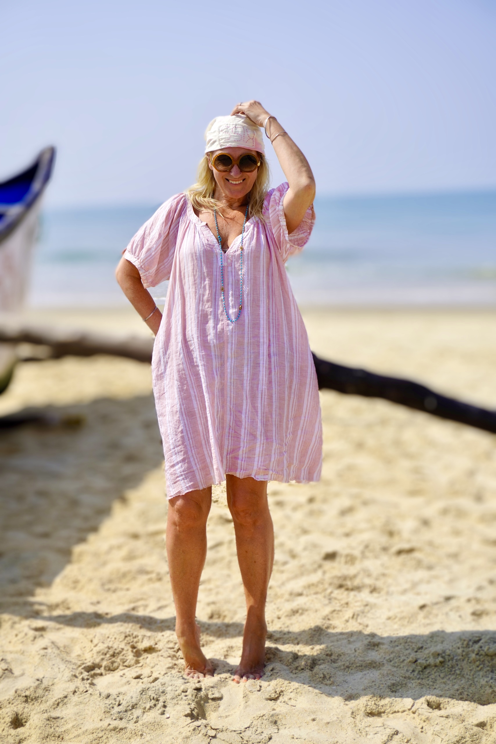 BARBARA LINEN DRESS PINK  STRIPE  - 3