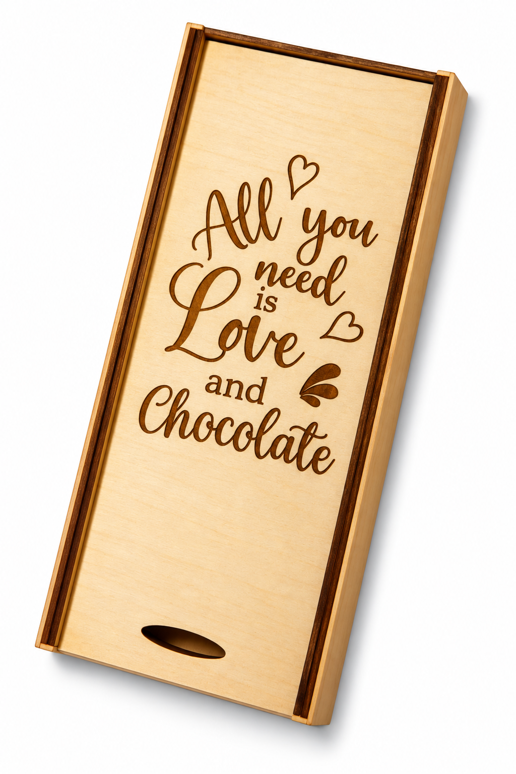 Chokladask i trä – All you need is Love and Chocolate | Kärlekspresent