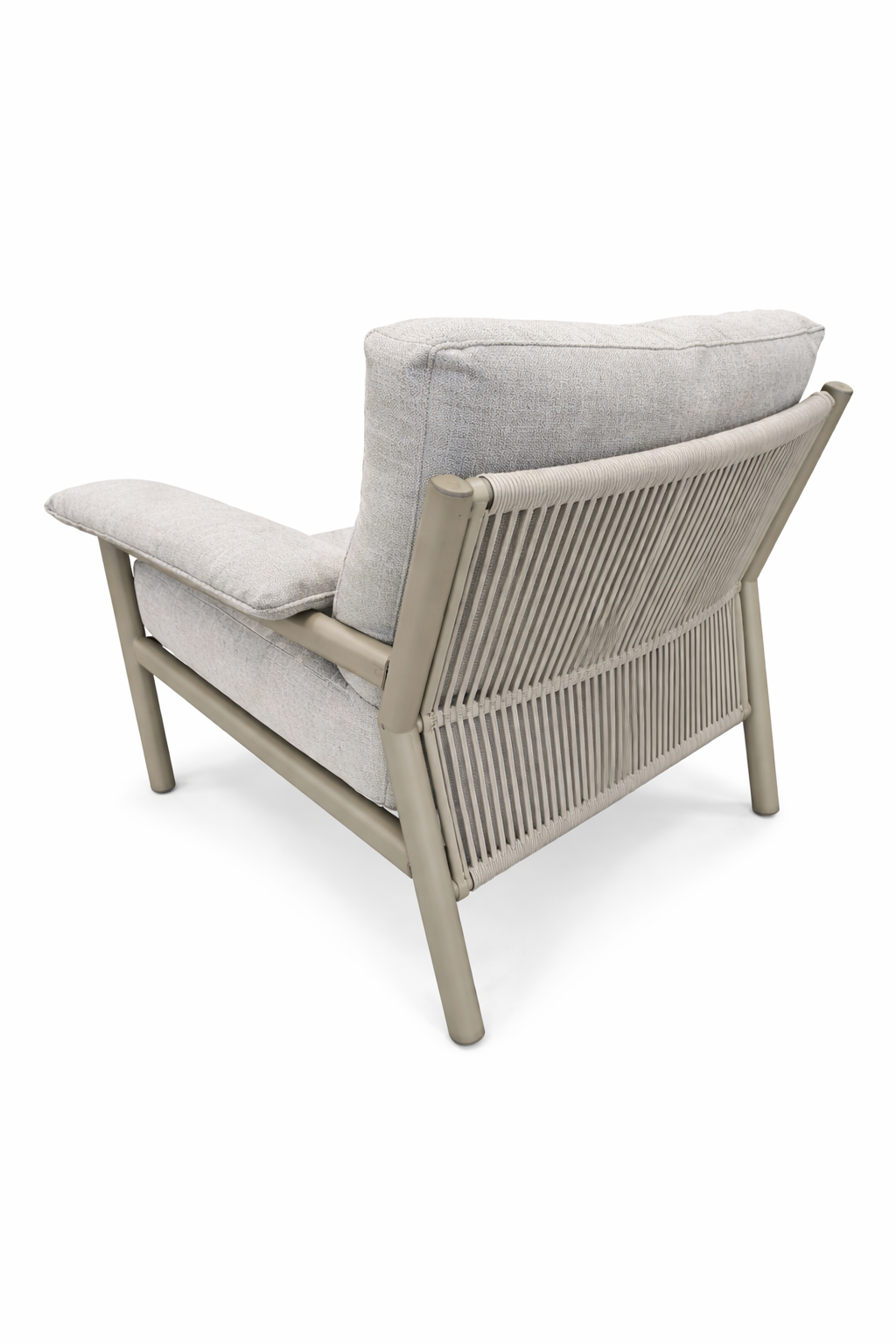 Modern Cesar soffgrupp i khaki med aluminiumstomme, dekorativt rep och bekväma dynor utomhus.