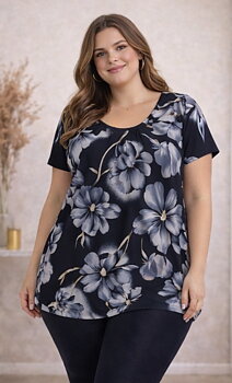 Tunika med kort ärm, grå/blommig 