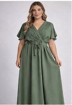 Långklänning med kort ärm, khaki 