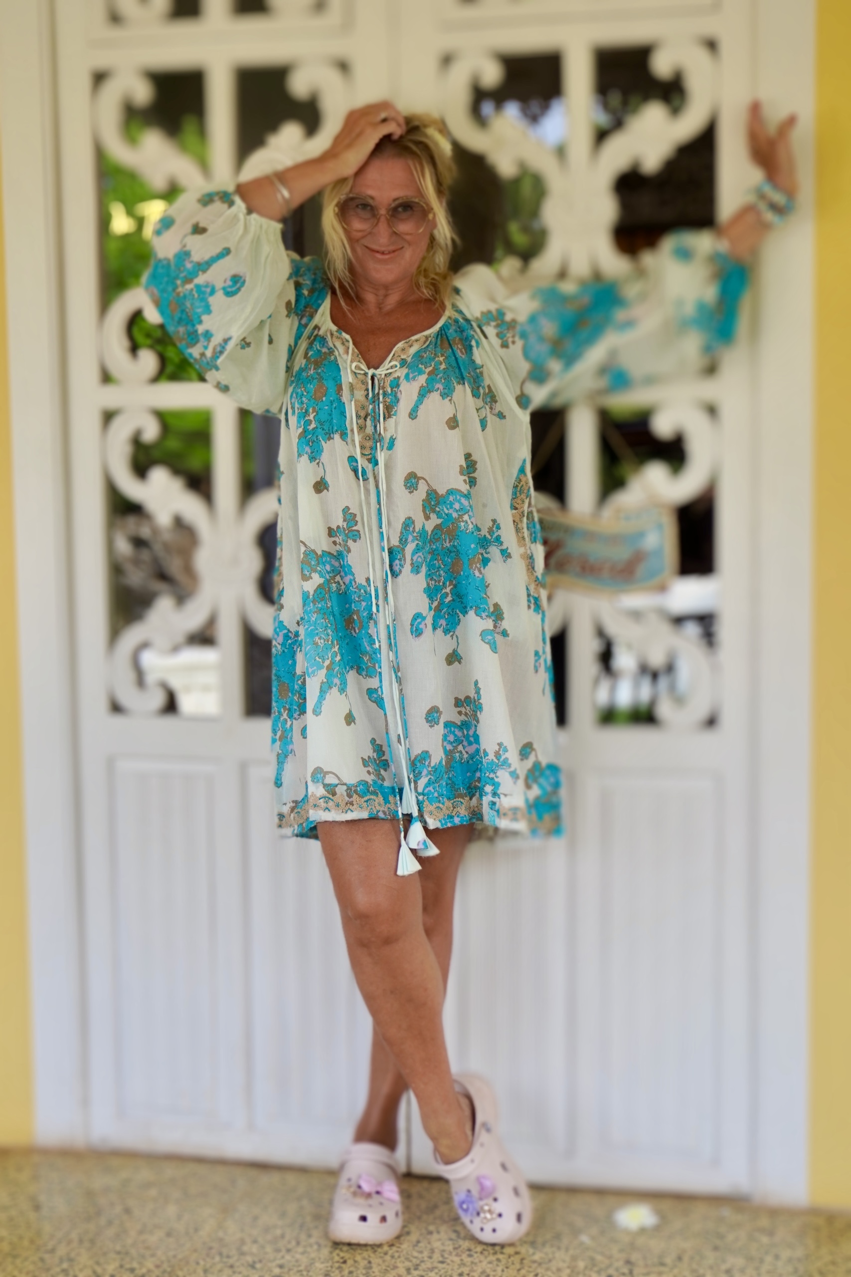 CARA MIA SHORT COTTON DRESS  TURQUOISE BUNCH 