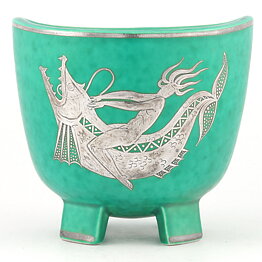 Wilhelm Kåge (Argenta 1955) Green Footed Bowl with Silver Fish Rider Decor 13 cm