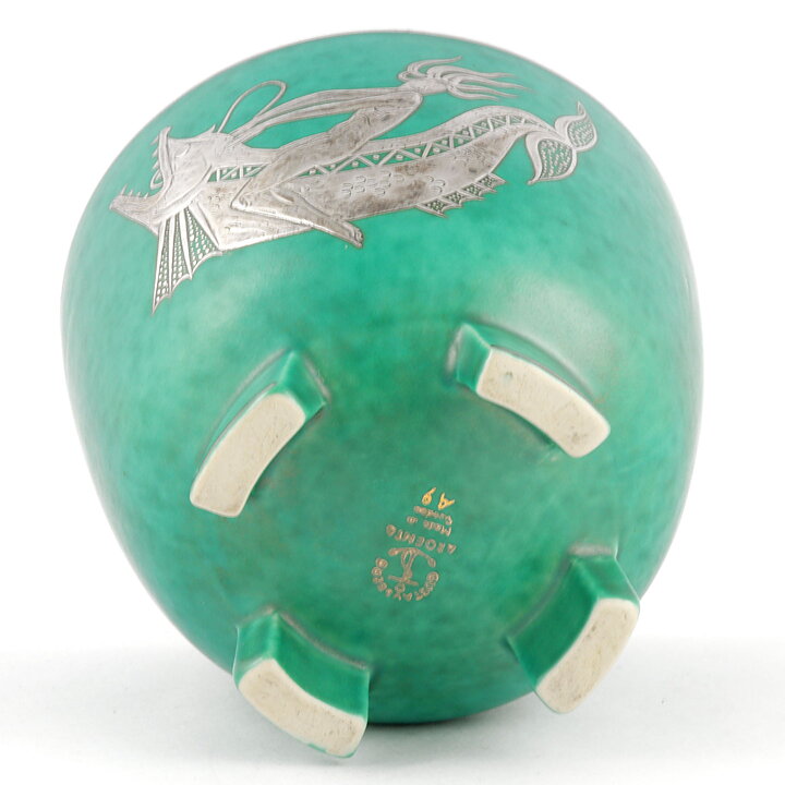 Wilhelm Kåge (Argenta 1955) Green Footed Bowl with Silver Fish Rider Decor 13 cm