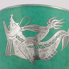 Wilhelm Kåge (Argenta 1955) Green Footed Bowl with Silver Fish Rider Decor 13 cm