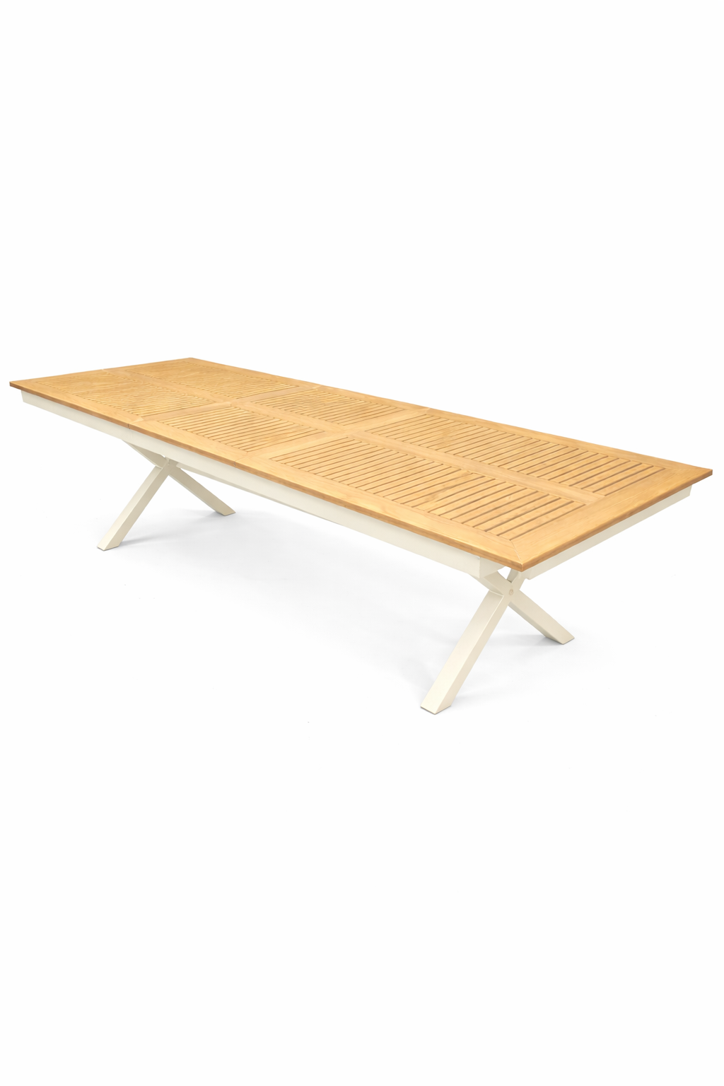 Kiel utdragbart matbord 222/280x100 cm i creme aluminium med teakskiva
