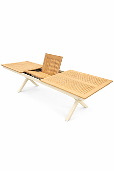 Stort matbord för uteplats i creme med X-leg underrede och inbyggd butterflyskiva