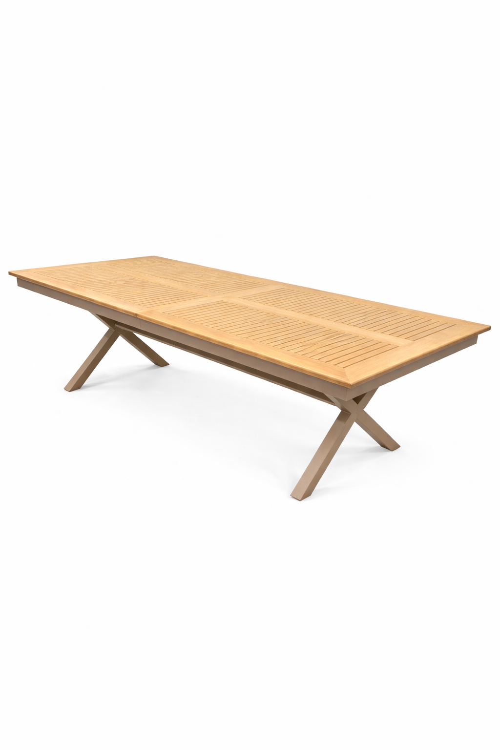 Kiel utdragbart matbord 222/280x100 cm i khaki aluminium med teakskiva