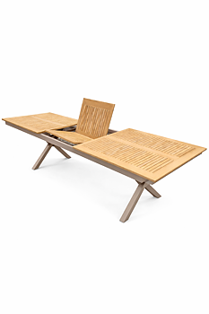 Stort matbord för uteplats i khaki med X-leg underrede och inbyggd butterflyskiva