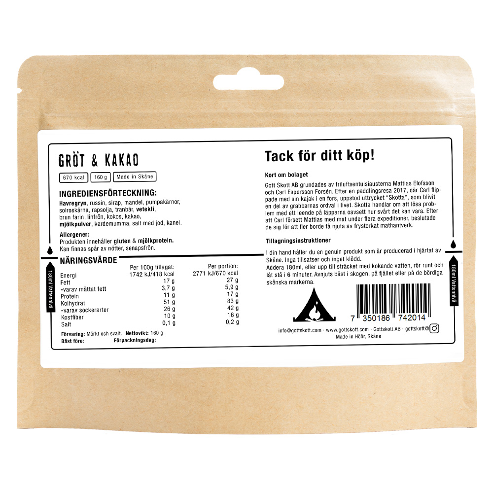 Gott Skott | Porridge & Kakao | Outdoor Food | 160g - 2